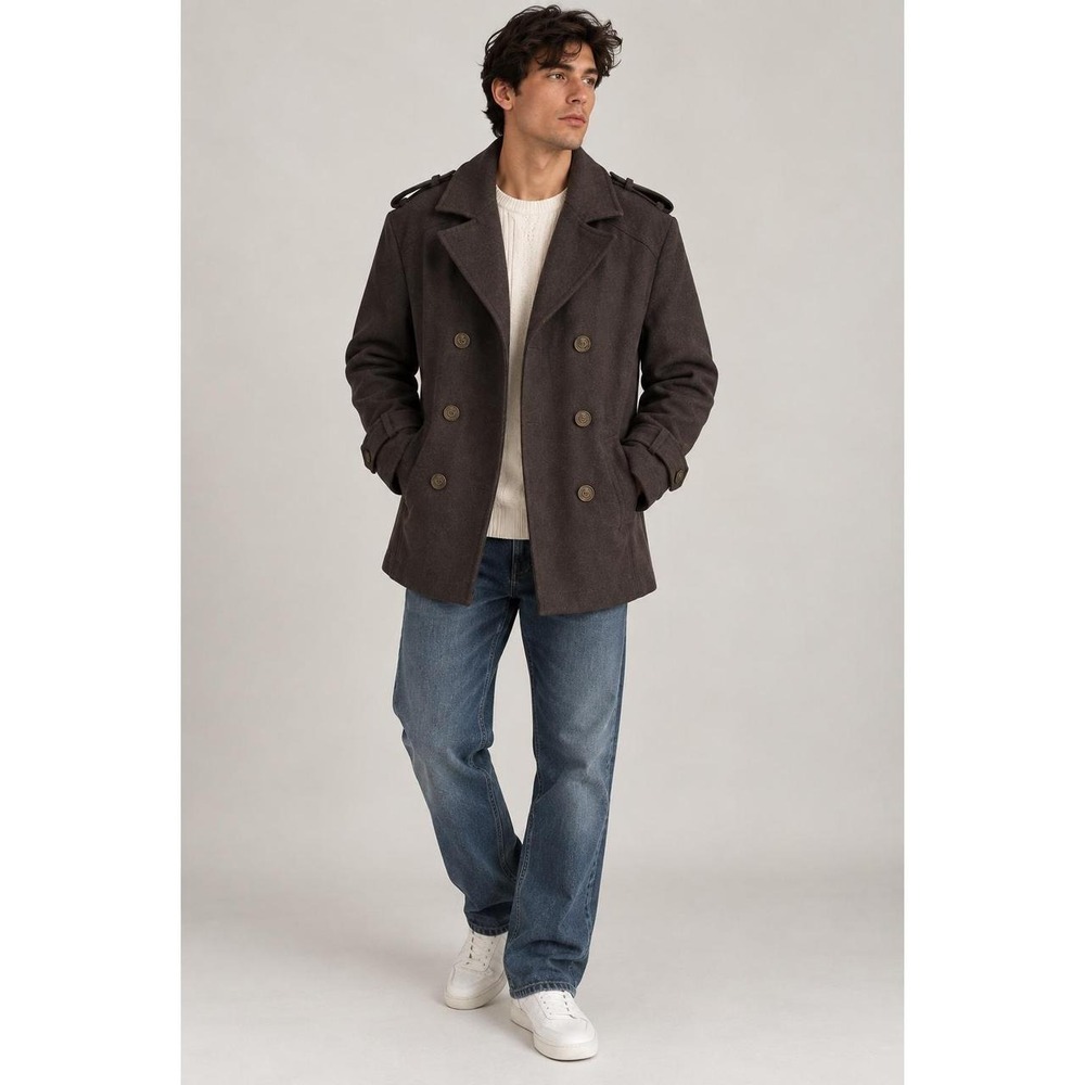 GUESS Men's Brown Double Breasted Military Peacoat Jacket Brass Buttons Size S